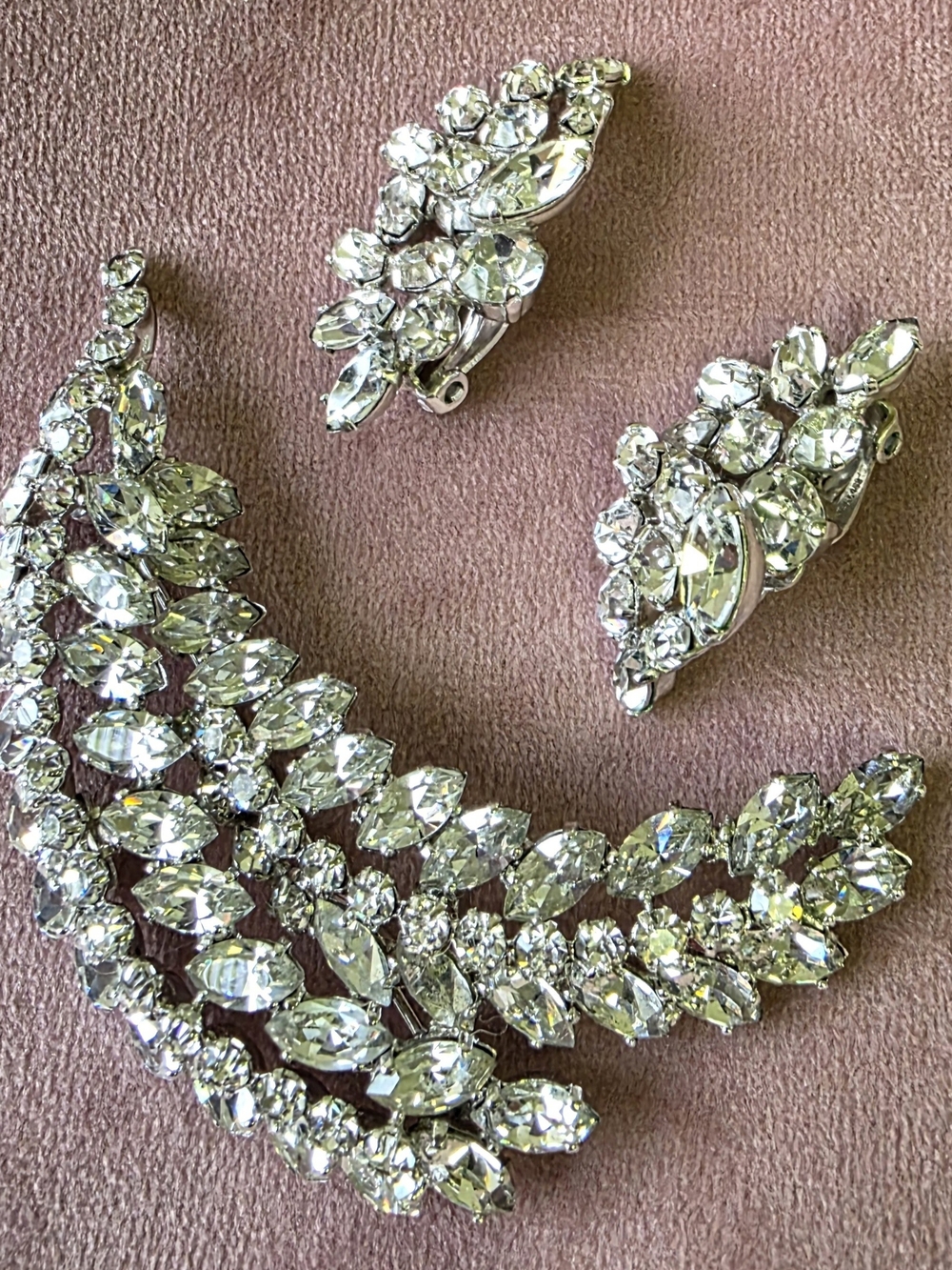 Vintage Signed SHERMAN Rhinestone Brooch and Clip-on Earrings Set